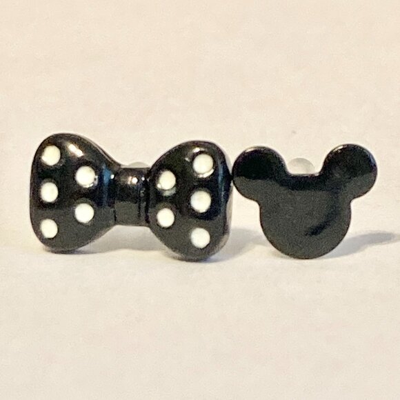 Vintage Disney Mickey Minnie Mouse Earrings Ears Bow Dots Icon Black Disneyana - Picture 3 of 7